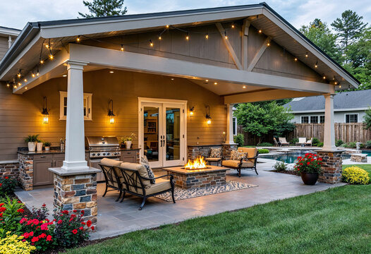 Beautiful backyard patio with cozy fire pit surrounded by lush greenery and elegant outdoor furniture in the evening light