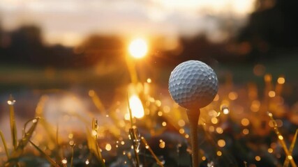 A serene sunset scene on a golf course. A white golf ball on a tee is highlighted by warm hues, with a bokeh effect and blurred background enhancing its clarity.