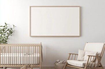 Baby nursery room with a white wall, two blank picture frames, wooden crib, chair, and boho-style decor in neutral tones and beige aesthetic
