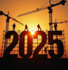 Construction workers build 2025 at sunset with cranes