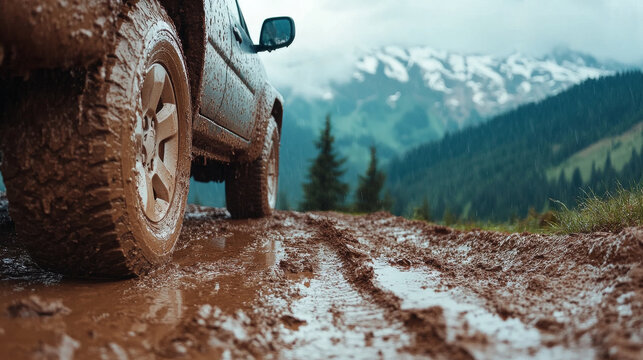 close up of vehicle muddy tire gripping wet terrain, showcasing rugged landscape and mountains in background. scene evokes sense of adventure and exploration