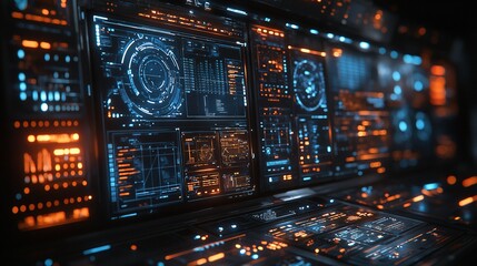 Obraz premium Artificial intelligence (technology concept) with a robot analyzing data on holographic screens