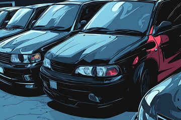 A lineup of black cars parked closely together, showcasing their sleek designs.