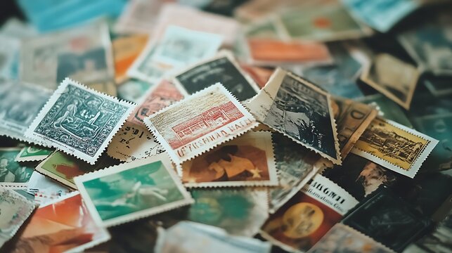 A colorful pile of vintage postage stamps with various designs and countries of origin.