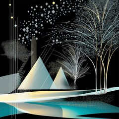 A fanciful little winter holiday landscape scene with trees and lights and decorative elements, in black, white, blue-green and gold