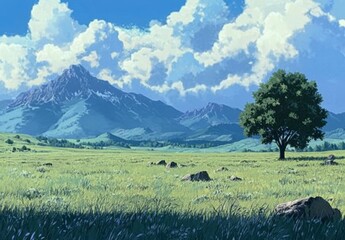 Anime-style wide grassland with hills, a tree and rocks, scattered trees, and tall mountains in the distance, under a blue sky with white clouds.
