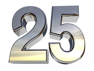 Isolated Logo of Silver Jubilee Anniversary. Gold Metallic Three Dimensional Alphabet 25. 3D Render Illustration.