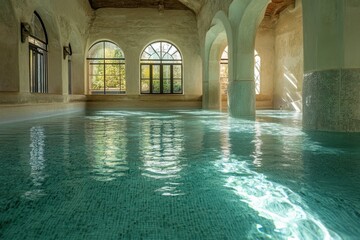 Fototapeta premium Sunlight illuminating tranquil thermal baths in ancient building