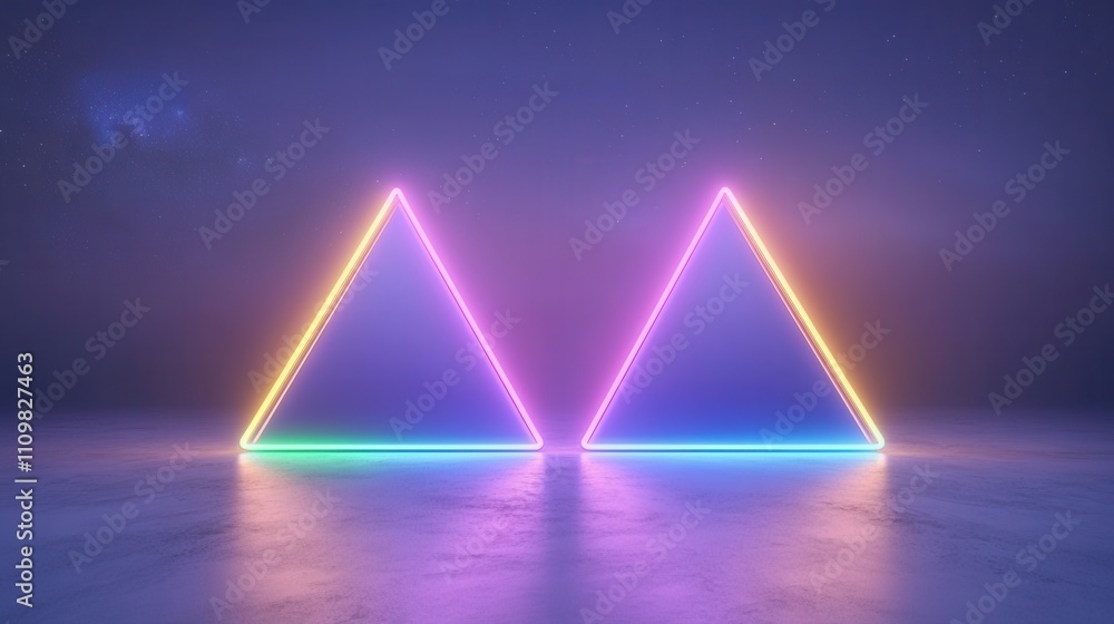 Poster futuristic neon triangle installation in a misty ambient setting