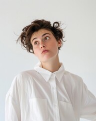 A person with tousled hair wearing a white shirt, looking thoughtfully up.