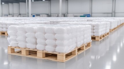 Warehouse with stacked plastic wrapped pallets of cylindrical packages