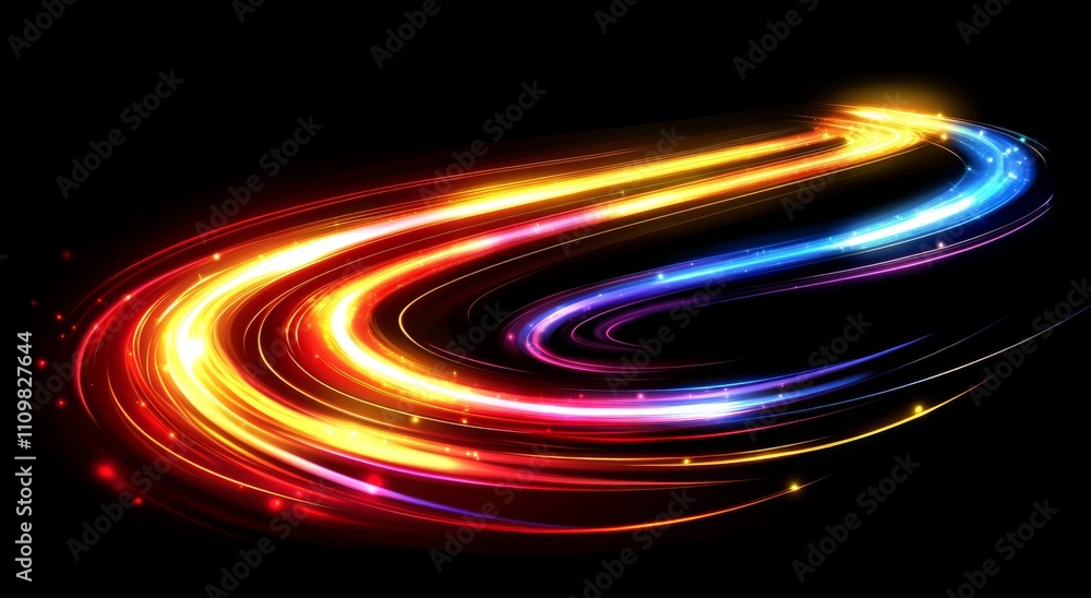 Poster abstract background with neon light streaks and glowing lines on dark black background, speed effect