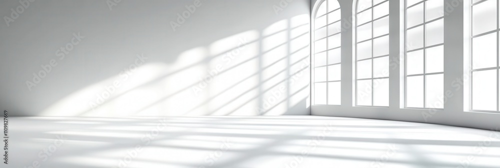 Poster minimalist sunlit empty room with large windows and soft shadows