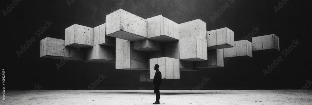 Poster Abstract concrete structure with floating geometric blocks and silhouette