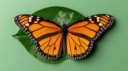 Obraz premium Vibrant monarch butterfly resting on a leaf with green background