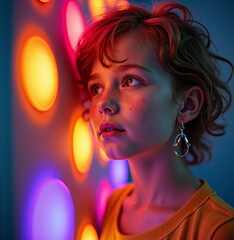 Person gazing thoughtfully amid colorful lights