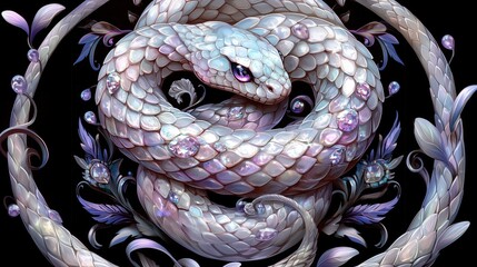 Iridescent snake coiled with pearlescent scales and gem details in fantasy art