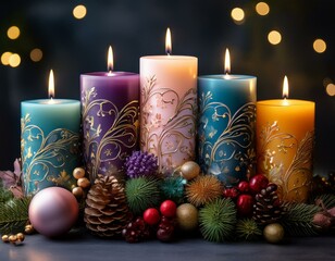 Advent Adventsgesteck mit 5 bunten Kerzen