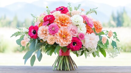 Elegant flower bouquet with dahlias and roses in a natural outdoor setting