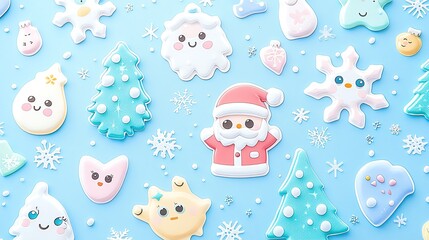 Fototapeta premium Kawaii-style Christmas tree stickers with big eyes, pastel colors, adorable Santa characters, and whimsical snowflake ornaments