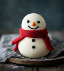 A cute white snowman-shaped cookie with a red scarf and black eyes, in the style of felted art.Minimal creative Christmas holiday concept.Copy space,flat lay 
