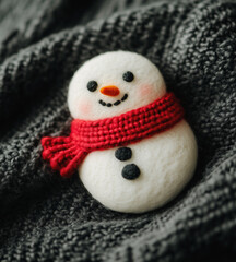 A cute white snowman-shaped cookie with a red scarf and black eyes, in the style of felted art.Minimal creative Christmas holiday concept.Copy space,flat lay 
