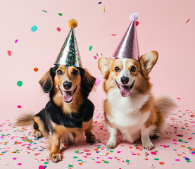 A dachshund and corgi wearing party hats, surrounded by confetti on the floor, set against a pink background, radiating a happy mood in a professional photography style.