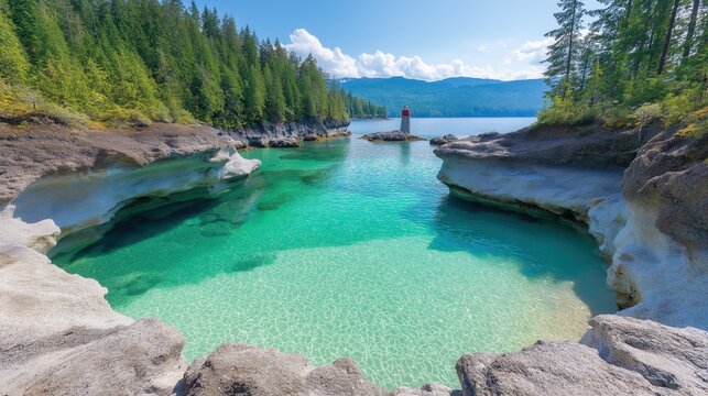 Serene emerald cove with clear waters and lighthouse in a forested coastal landscape - Powered by Adobe