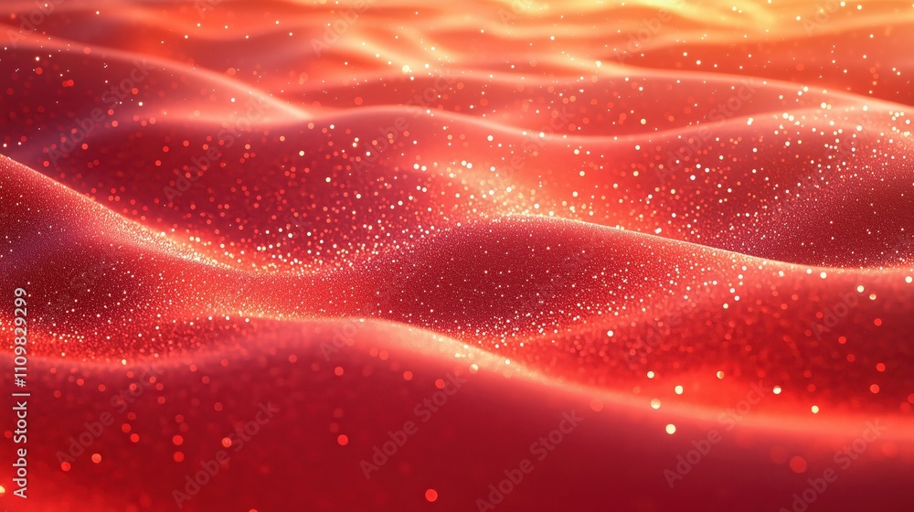 Poster abstract glowing red waves with sparkling particles in motion