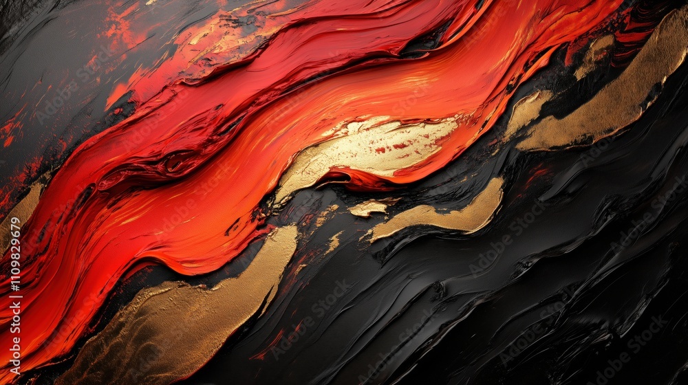 Poster dynamic swirls of red and gold on black background in abstract art
