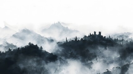 Misty Mountains Enveloping a Gothic Castle Scene