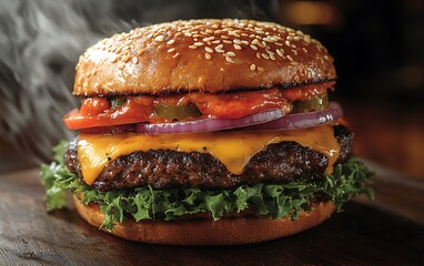 Cheeseburger showcasing juicy flavors with toppings and sesame bun image