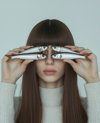 Sardines are held in front of the eyes of a woman with long, straight brown hair and bangs, in the style of a magazine cover photo.Minimal creative fashion and food concept.Copy space,flat lay