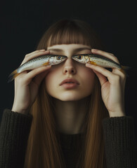 Sardines are held in front of the eyes of a woman with long, straight brown hair and bangs, in the style of a magazine cover photo.Minimal creative fashion and food concept.Copy space,flat lay