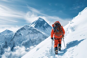 A man climbing a snowy mountain with orange suit