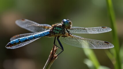Vibrant blue dragonfly perched on a twig.