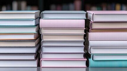 Colorful stacks of hardcover books in a library setting