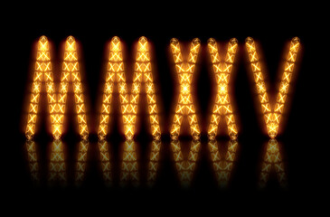 inscription 2025 written in the Roman numeral system. The numbers are made of stylish LED bulbs with a linear firmament, giving warm light. The inscription on a black background with a mirror reflecti