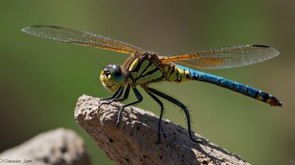 Vibrant dragonfly perched on rock, detailed view.