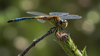 Yellow and blue dragonfly perched on a twig.