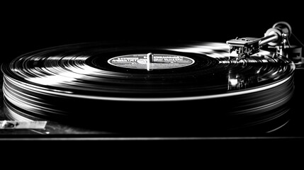 Close-up of a vintage turntable playing a vinyl record. Dark, professional studio shot.