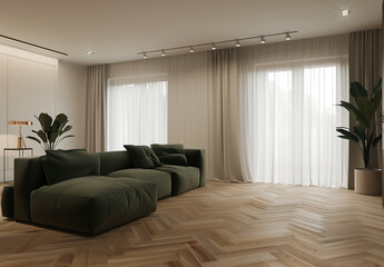Fototapeta premium Modern living room with green modular sofa, herringbone flooring, and soft natural light filtering through sheer curtains