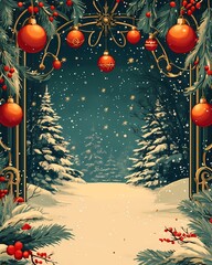 Art Deco Style Christmas Greeting Card with Red Ornaments, Snow-Covered Trees, Golden Frame, and Falling Snowflakes on a Dark Teal Background – Festive and Elegant Winter Holiday Illustration