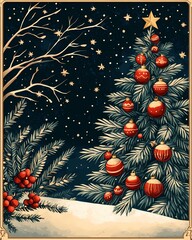 Art Deco Style Christmas Card with Decorated Tree, Red Ornaments, Starry Night Sky, Snowy Landscape, Golden Accents, and Festive Details on a Dark Green Background for Elegant Holiday Celebrations