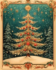 Art Deco Style New Year's Day Christmas Card with Golden Decorated Tree, Red Baubles, Glittering Starry Night, Festive Ornaments, and Green Background for Elegant Holiday Celebrations and Greetings