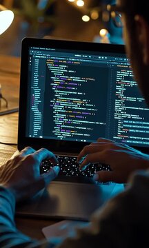 Close-Up of Hands Typing on Laptop with Coding on Screen at Night