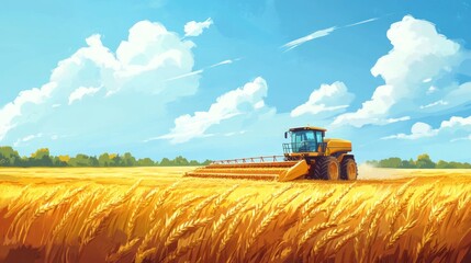 Obraz premium Combine harvester collecting golden wheat on a sunny day, vast farmland in background, 