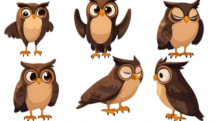 Fototapeta premium Six Brown Owls Displaying Various Expressions and Poses
