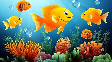 Fototapeta premium Happy orange fish swimming in vibrant coral reef underwater scene.