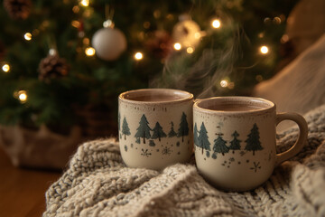 Fototapeta premium Steaming mugs of cocoa rest on a knitted blanket next to a twinkling Christmas tree, evoking warmth and holiday cheer.